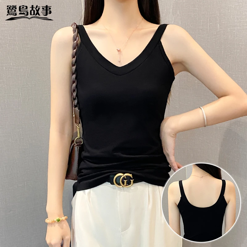 鹭岛故事黑色V领吊带背心女夏季内搭修身美背外穿无袖打底上衣潮