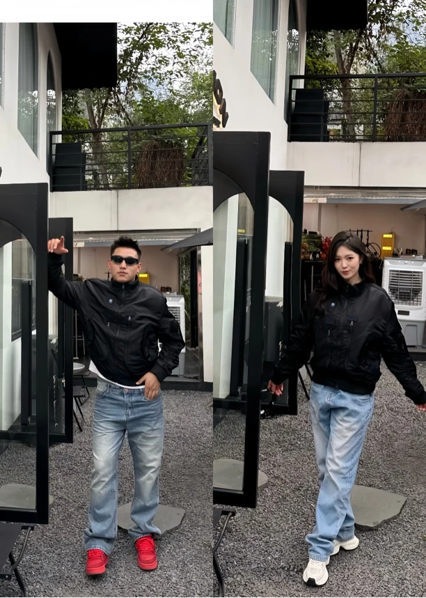 褶皱修身型长款薄款长袖亮面夹克破洞直筒上衣水洗