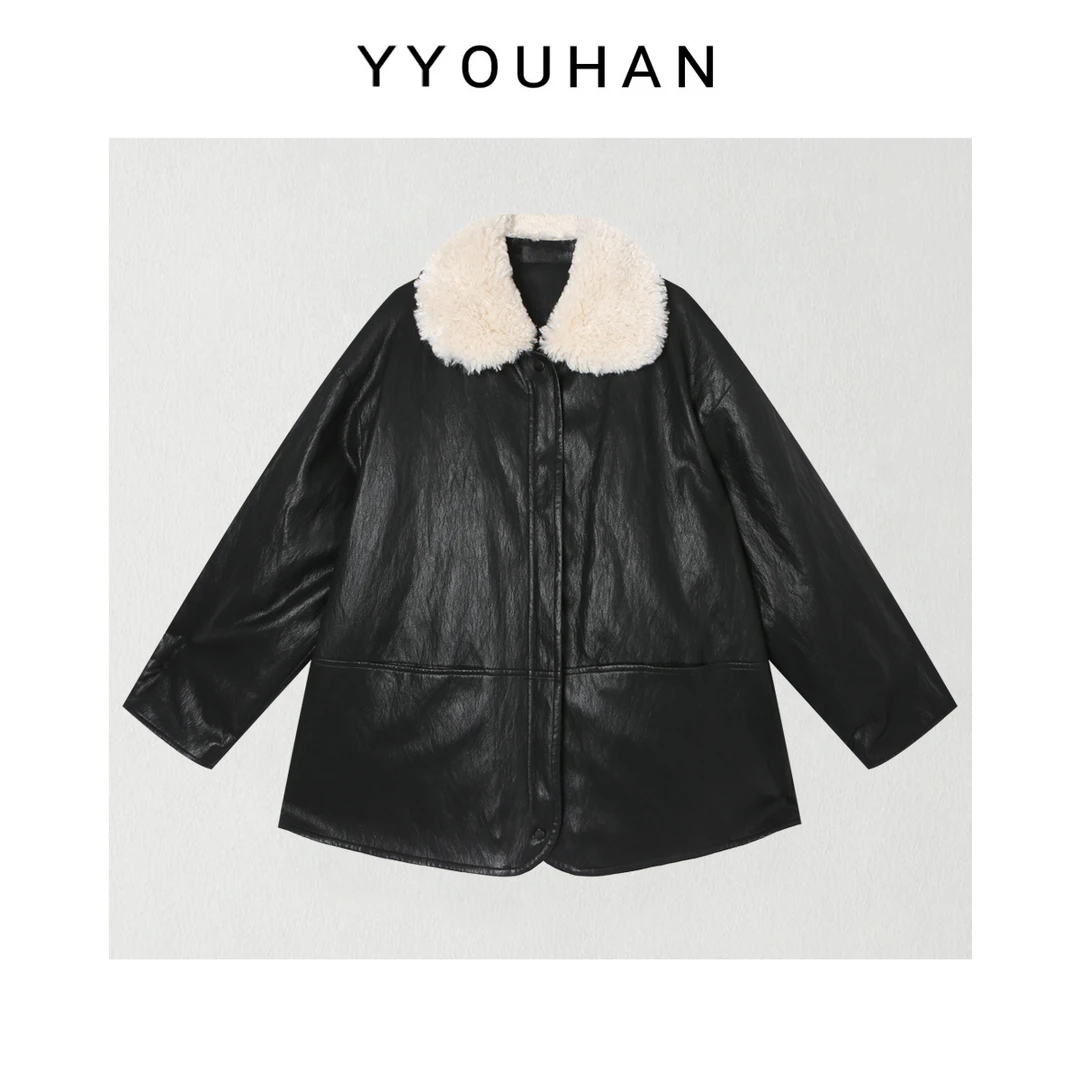 月月 年货定制小众设计极简百搭毛领拼接皮衣羽绒服 2512C8761