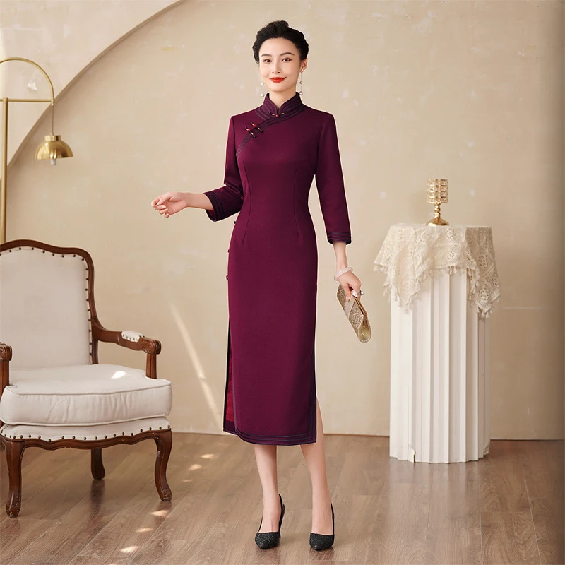 新款秋冬复古风羊毛混纺中长款妈妈旗袍立领斜襟拉链七分袖显瘦