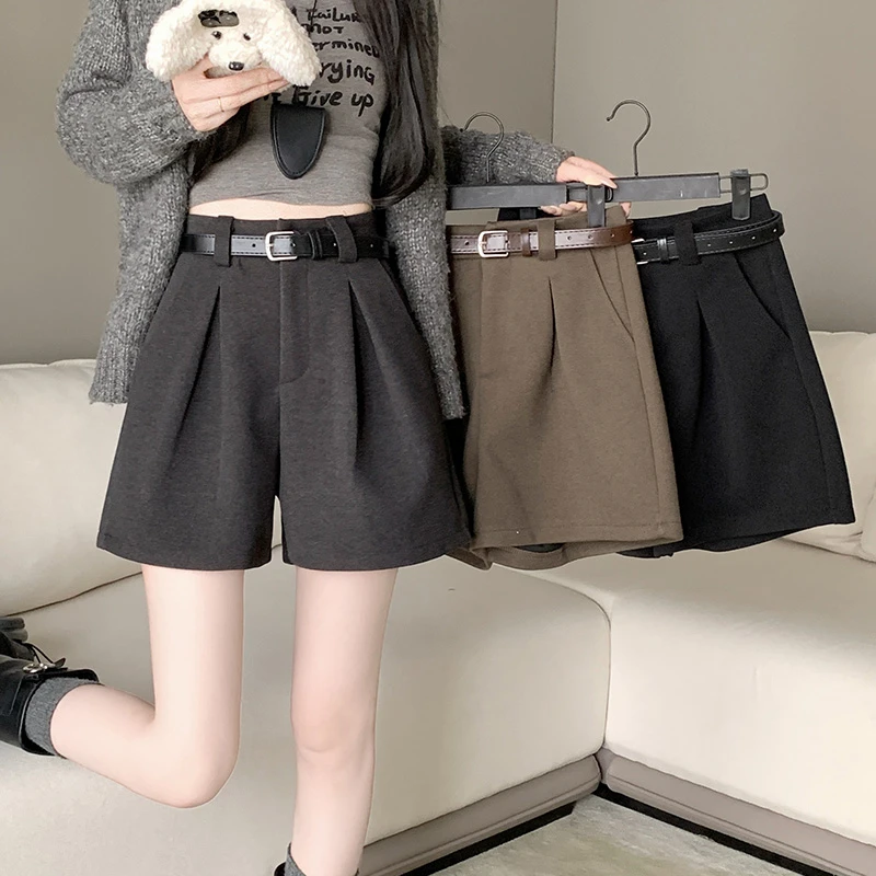 毛呢秋冬新款a字百搭短裤高腰阔腿裤腰带外穿显瘦休闲短裤女口袋