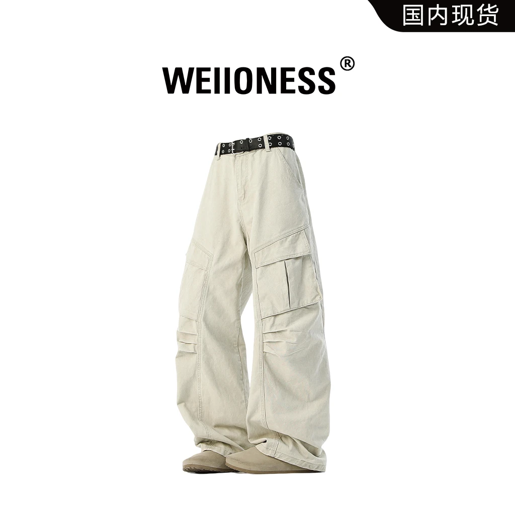 WEIIONESS美式休闲长裤男士秋冬宽松潮流阔腿裤复古做旧工装裤子