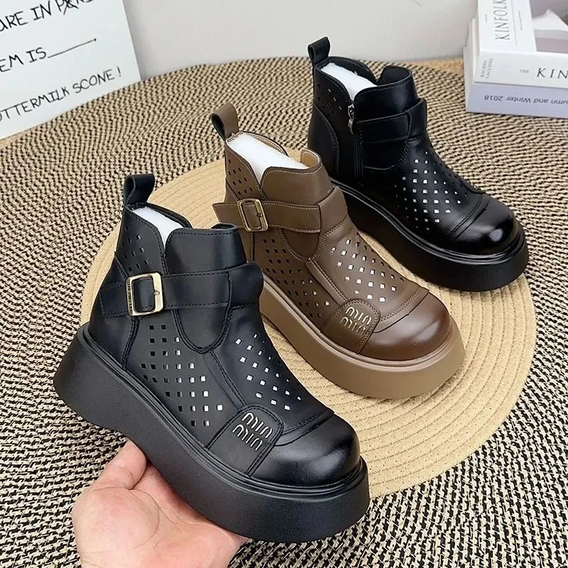 镂空马丁靴女2025春夏季新款英伦风厚底洞洞皮短靴薄款透气凉靴