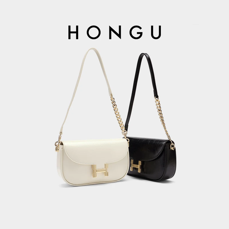 HONGU/红谷质感牛皮单肩包马鞍包时尚腋下包链条斜挎包H5176889X