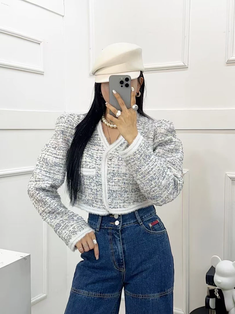 韩国东大门正品阿美韩国女装春季新款AB小香风泡泡袖外套