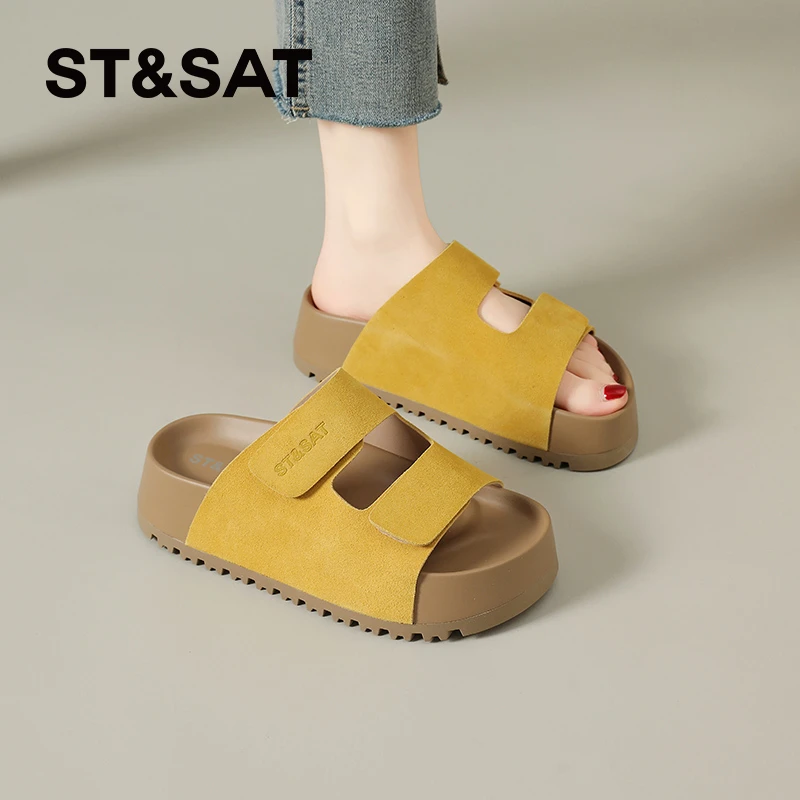星期六透气一字拖女士2025新款夏季轻奢外穿勃肯凉鞋厚底沙滩女鞋