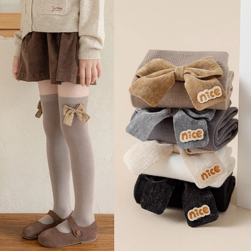 儿童袜子春秋新款女童过膝袜宝宝蝴蝶结高筒打底袜学生白色大腿袜