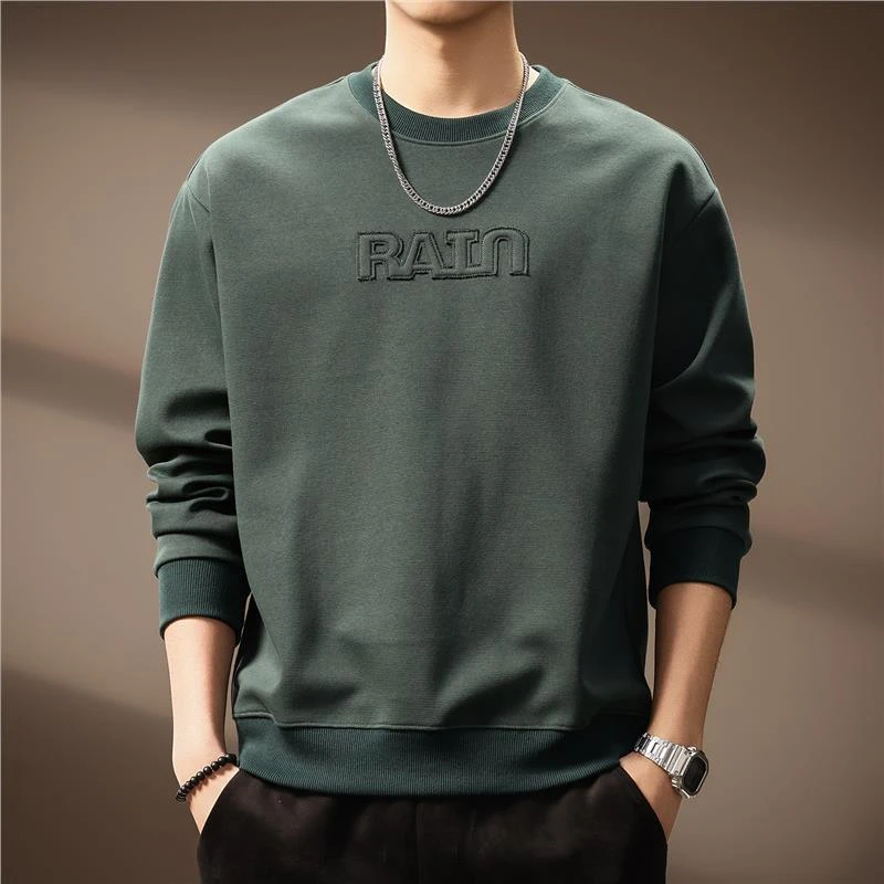 高端美式简约刺绣休闲卫衣男2025秋季新款重磅宽松套头长袖T恤男