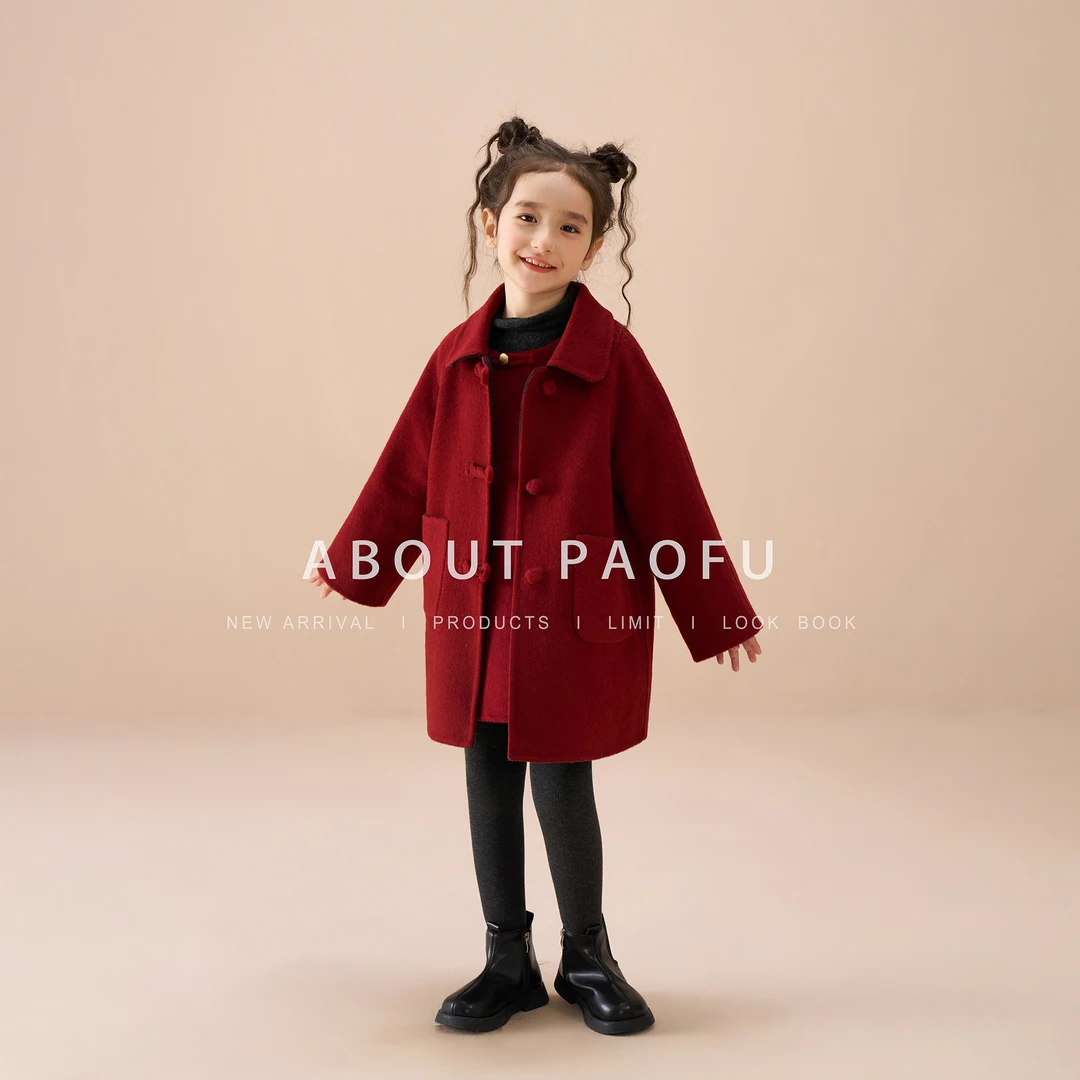 泡芙定制 2025冬款纯手工红色双面绵羊毛女童外套纱裙 DY241213