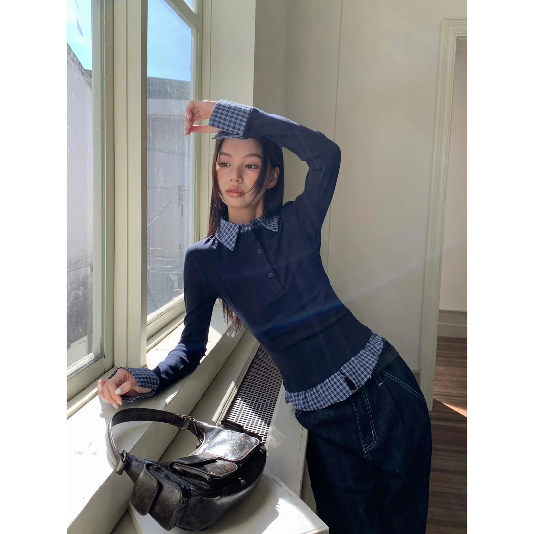 新款美式学院风POLO领假两件打底衫女秋冬新款时尚显瘦修身上衣