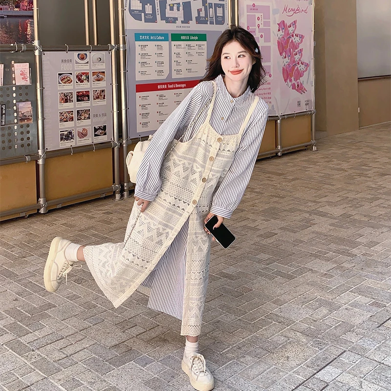 蕾丝罩衫叠穿套装女2025春秋新款穿搭一整套长袖条纹连衣裙两件套