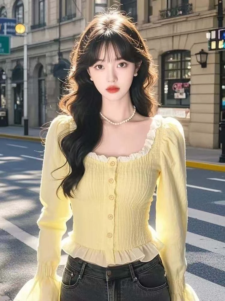 法式高级感方领木耳边长袖衬衫女春夏设计感小众独特绝美修身上衣