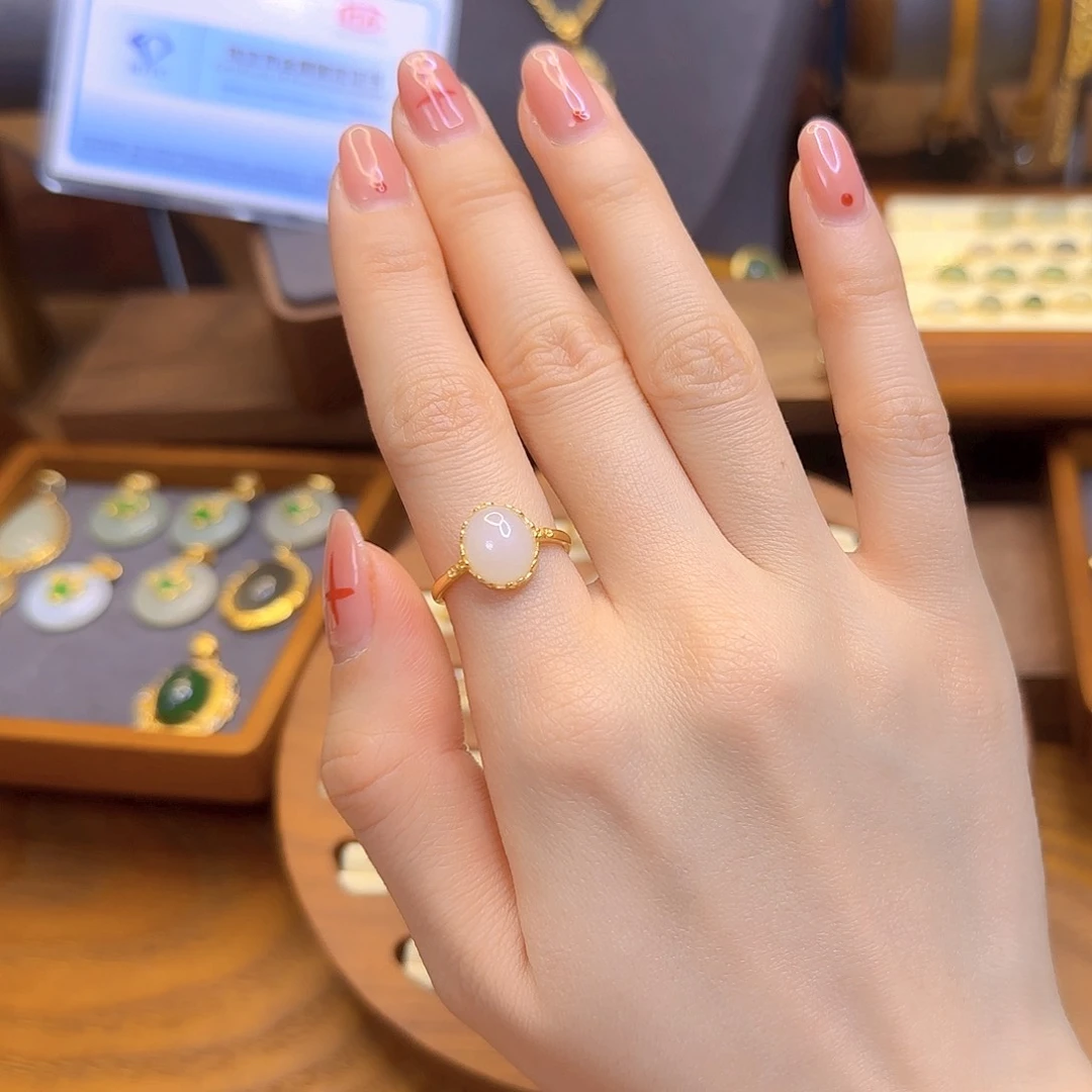 和田玉戒指银S925镀金镶嵌