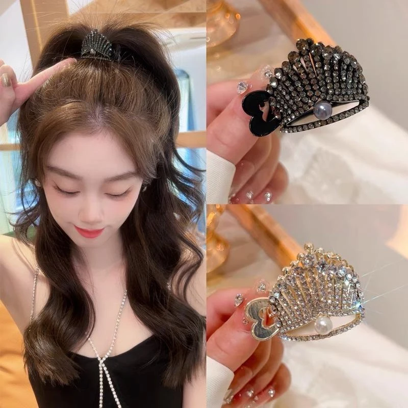 皇冠高马尾固定神器爪夹子女珍珠水钻高级感防下垂不塌发饰马尾扣