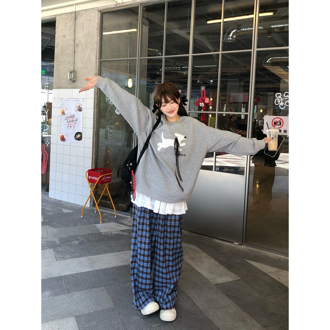 ANDEARDI蓝色格子阔腿裤宽松显瘦慵懒风休闲垂感直筒