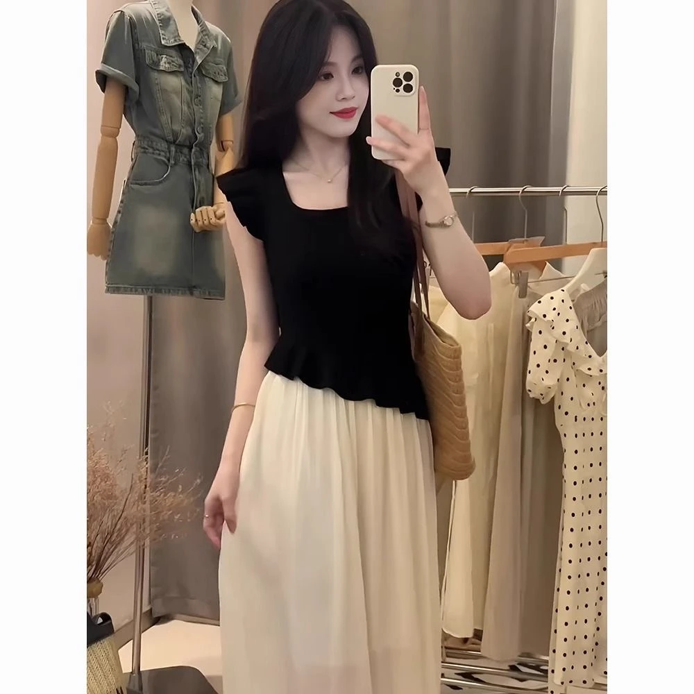 法式黑色短袖T恤女装夏季设计感小众修身显瘦木耳边上衣2025新款