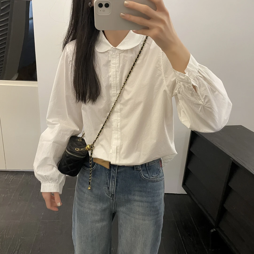 「法式娃娃领 白衬衫」100%冰花棉 成衣水洗 春季百搭宽松衬衣S021