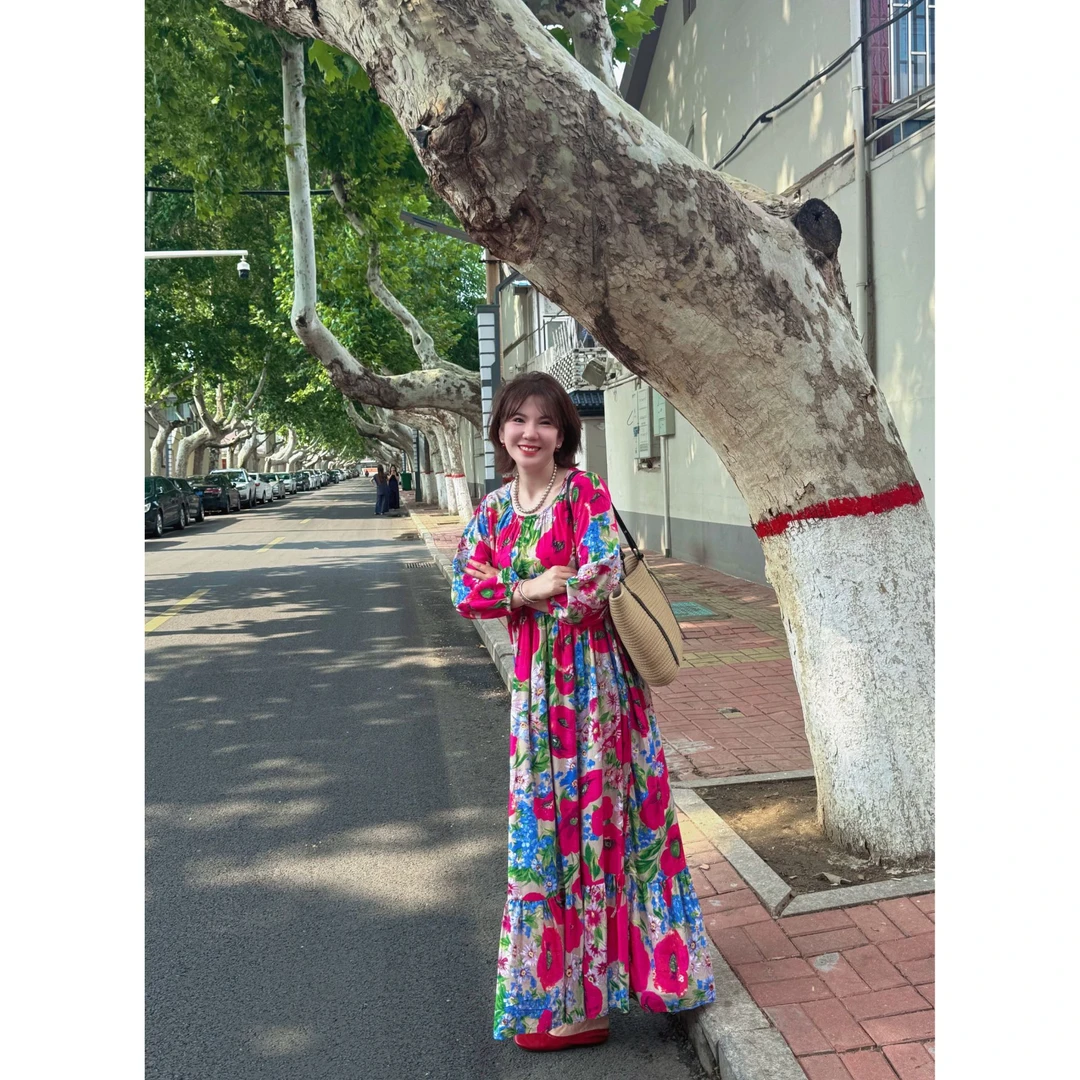 木子静-「山花烂漫」波点圆领大摆港风松弛感棉绸连衣裙-B