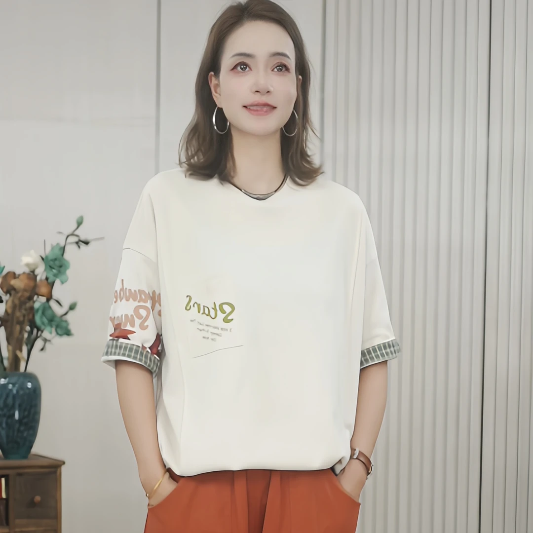 夏季新款时尚休闲百搭短袖上衣洋气宽松显瘦圆领T恤小衫女1049