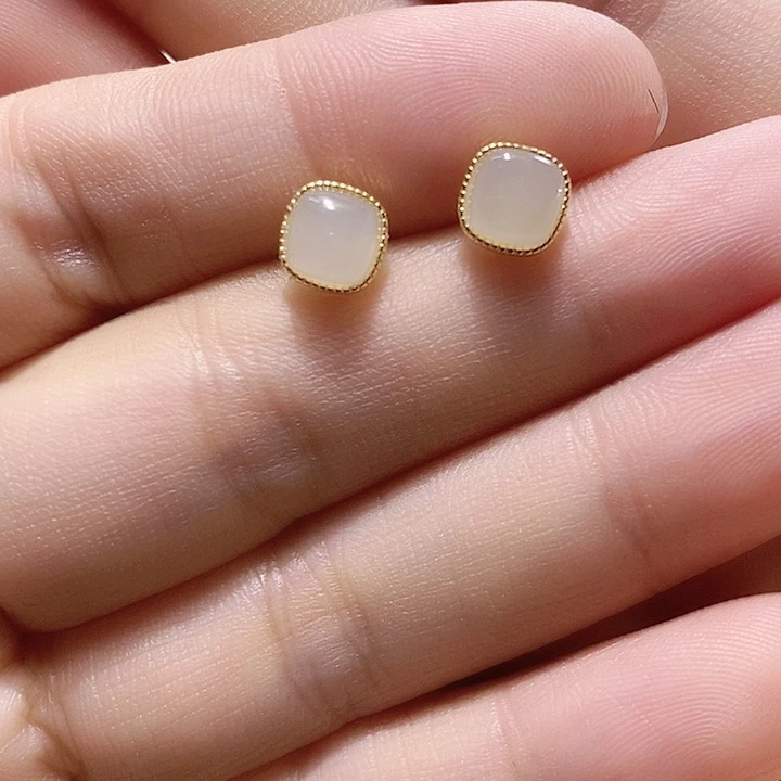 和田玉（白玉）银S925镀金镶嵌耳饰