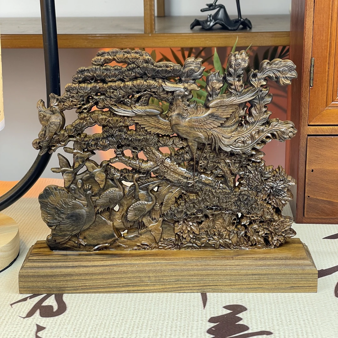 百鸟朝凤22cm 木雕工艺品摆件创意根雕家居饰品中式客厅摆件