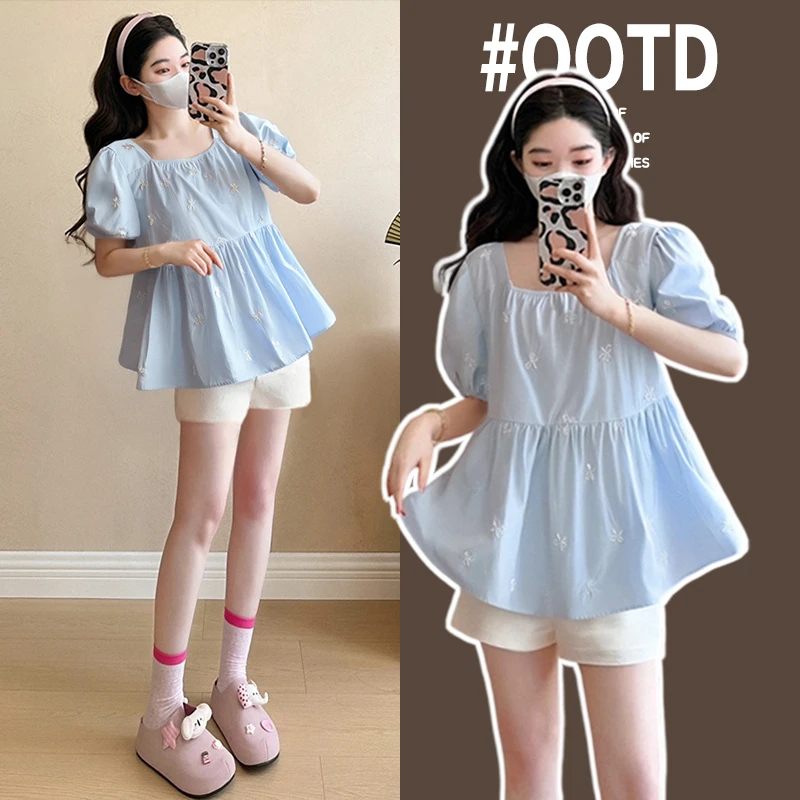 2025新款孕妇装衬衫夏装蝴蝶结刺绣上衣衬衣宽松大码显瘦透气外穿