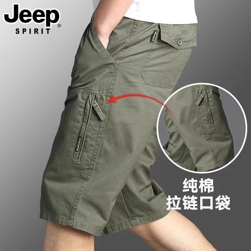 吉普纯棉七分裤夏季男士宽松多口袋短裤大码透气薄款运动裤