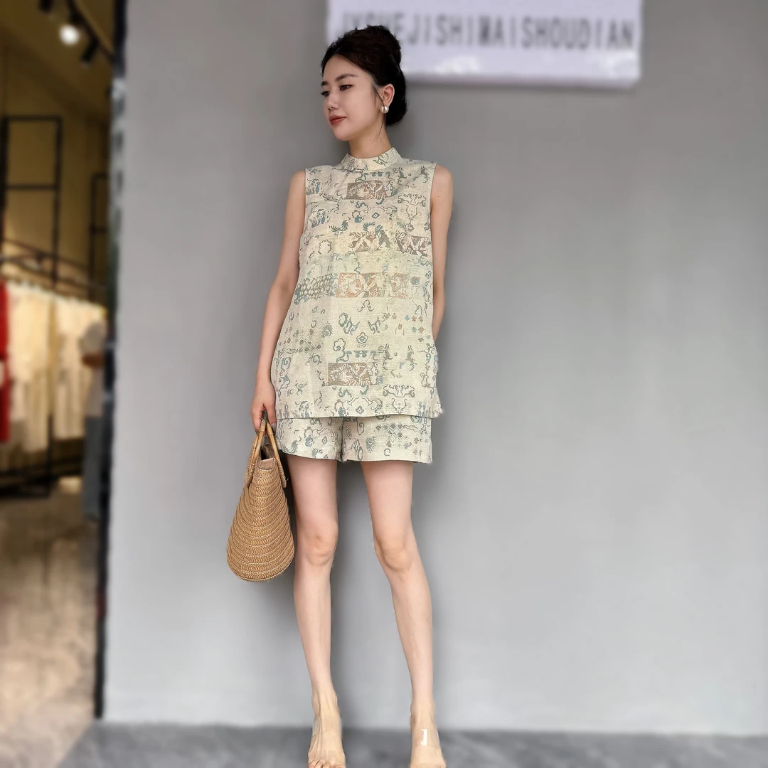 【JY】新中式国风马甲套装女2025夏新款背心无袖印花上衣短裤套装