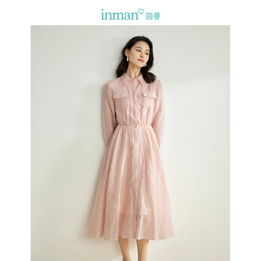 【商场同款】茵曼春秋女连衣裙裙子长袖气质衬衫新款休闲收腰棉麻