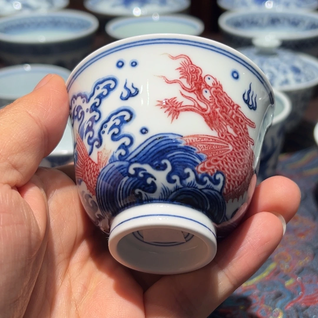 陶精品青花釉里红鱼化龙铃铛杯口径约7.5厘米