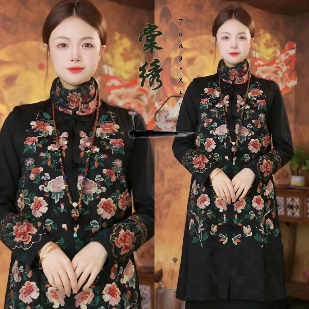 【棠绣】百花长款·秋冬国风中长款缎面马甲民族风刺绣坎肩上衣马甲