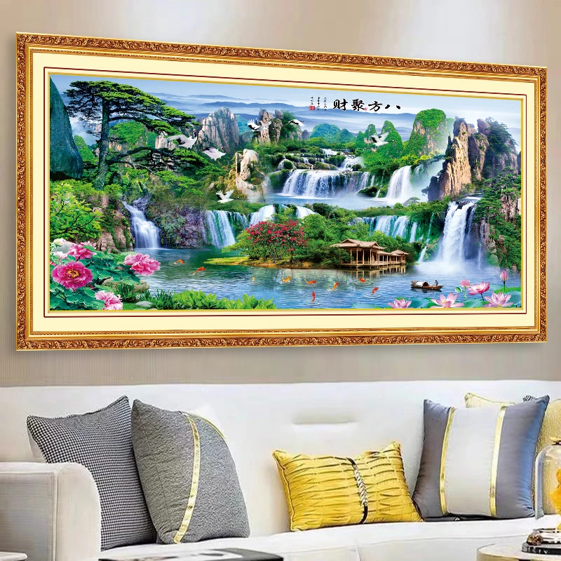 八方聚财3d立体沙发客厅背景墙装饰画自粘墙贴纸山水画轻奢墙壁画