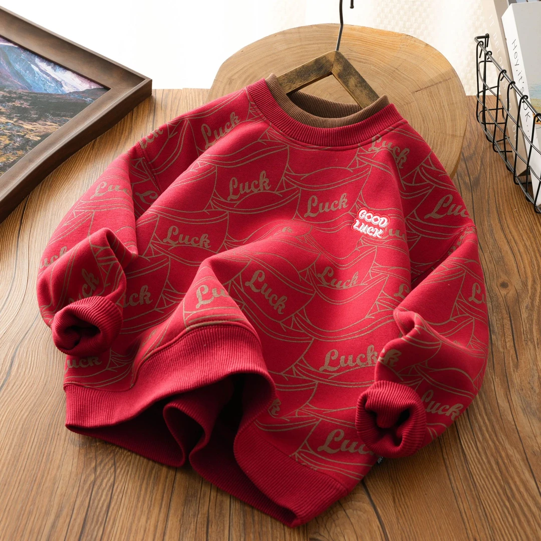 男童拜年服年款喜庆加绒卫衣中大童字母圆领儿童假两件上衣24D186