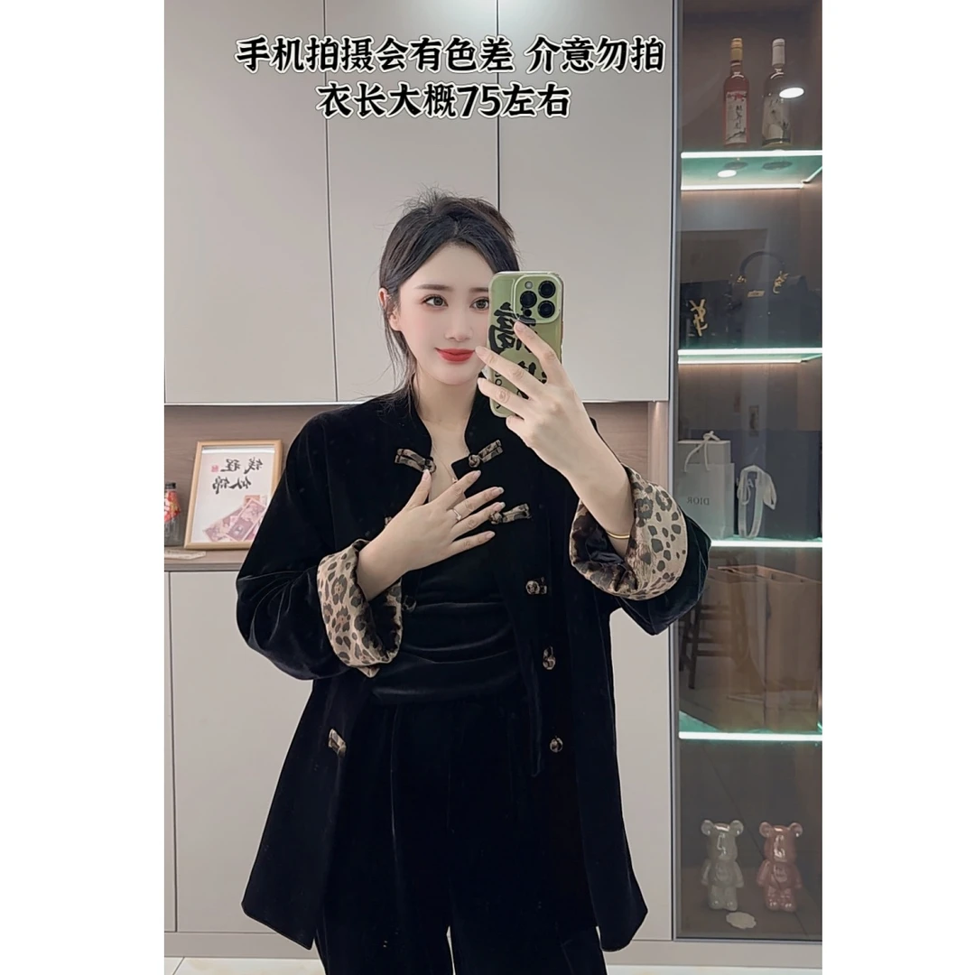 薇薇定制---9811新款挽袖新中式盘扣豹纹宽松款丝绒外套高级百搭
