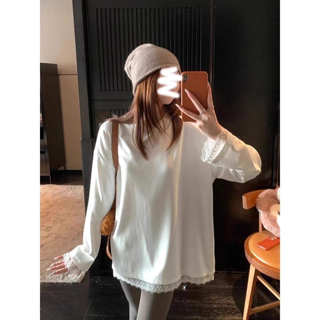 甜美风慵懒中长款T恤女蕾丝花边设计感圆领打底磨毛加厚长袖上衣