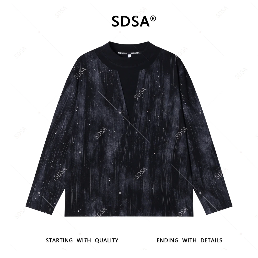 SDSA男士2025新款轻奢痞帅男装撞色满天星圆领假两件长袖T恤时尚