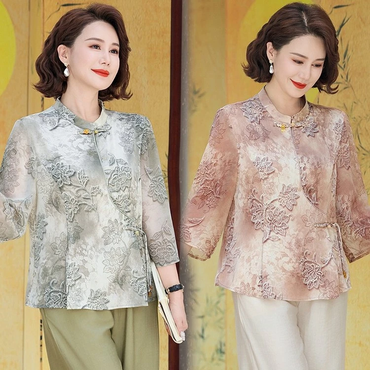 中年妈妈春装新中式国风套装2025新款洋气上衣服中老年女装两件套