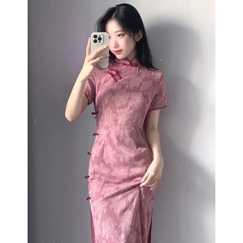 长款红色雪纺旗袍少女年轻夏季新款2025改良新中式连衣裙日常可穿