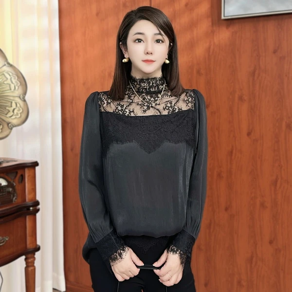 【娇媚】早春新款气质显瘦气质拼接蕾丝性感大码女装上衣A8