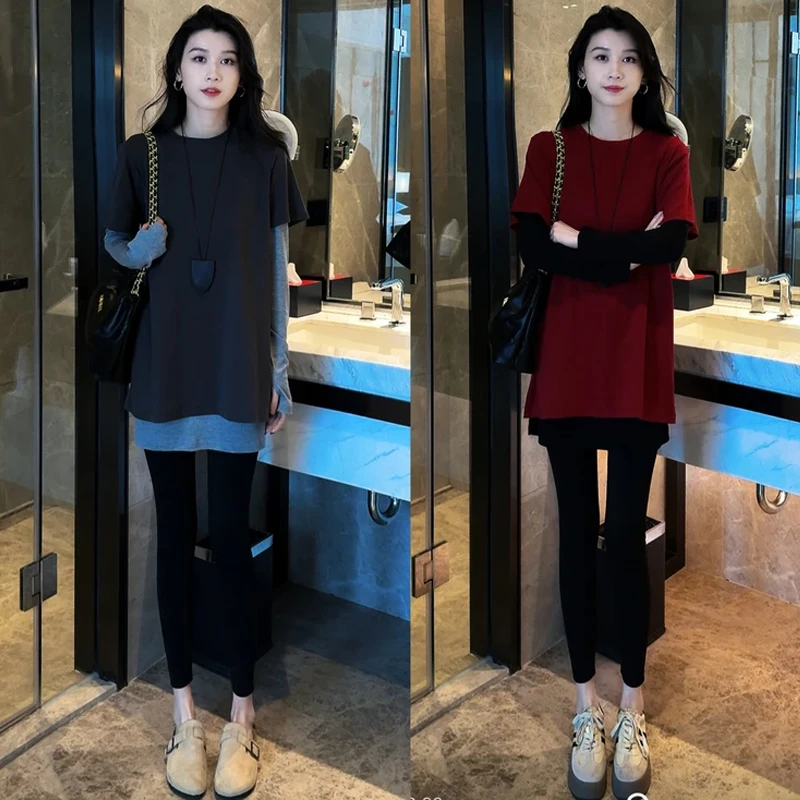 时尚休闲套装女2025春季新款洋气显瘦中长款打底衫T恤裤子三件套