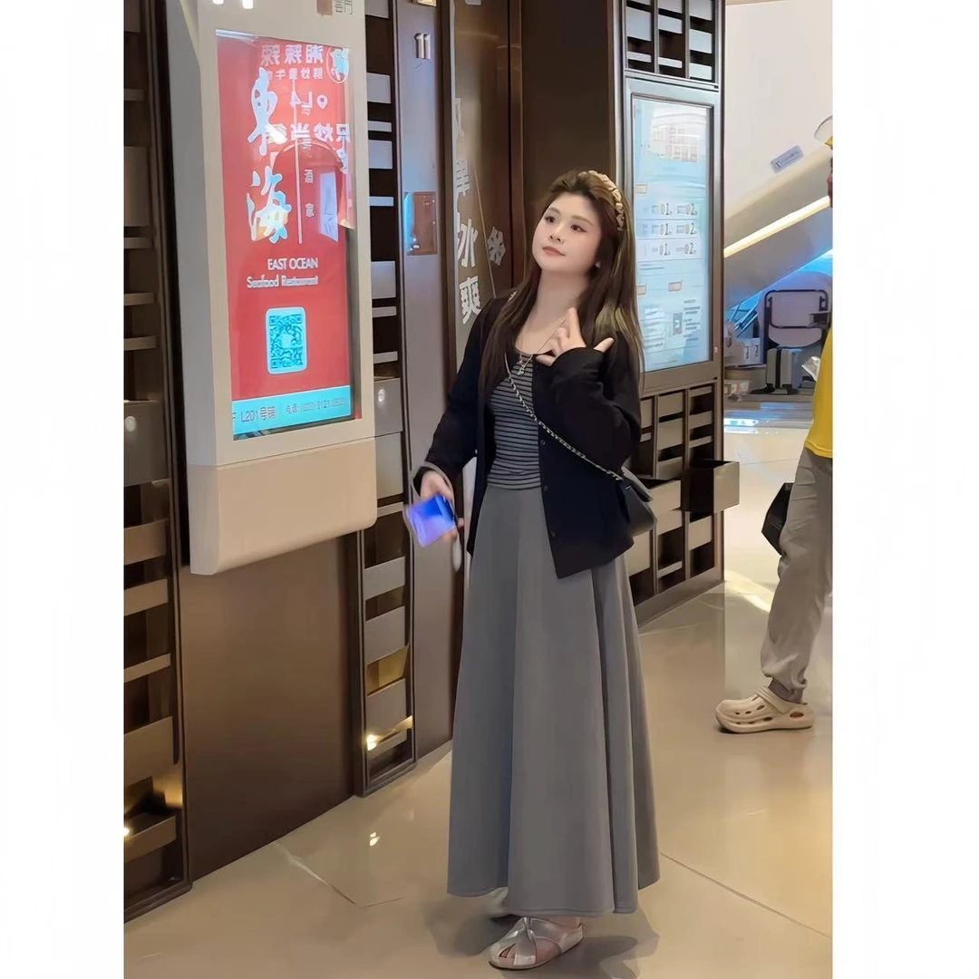 秋季套装女款爆款新款大码条纹吊带长袖开衫外套显瘦半身裙三件套
