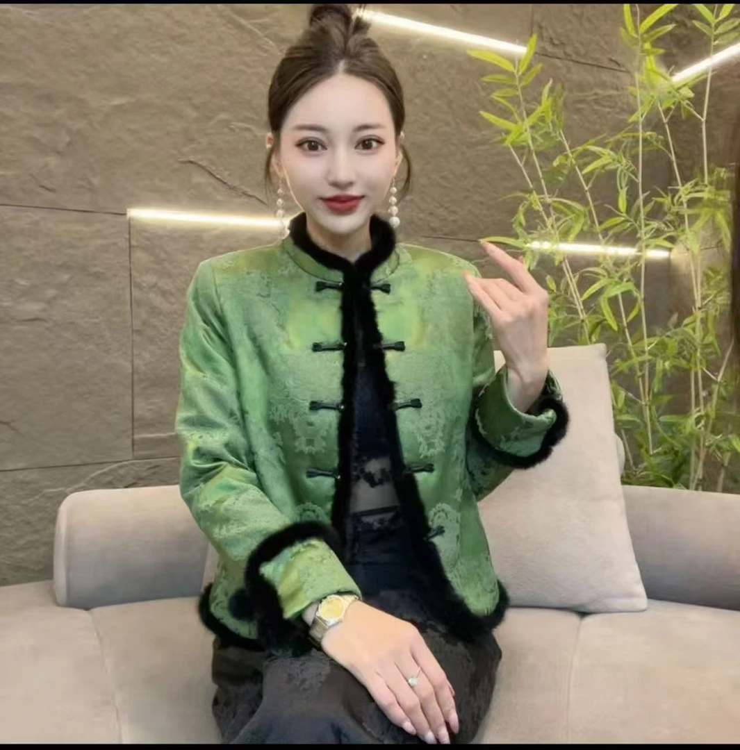 【加棉】秋冬新款新中式锦缎提花加棉拼接毛边立领盘扣长袖