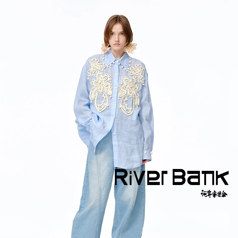 河岸家买手店设计师XIAOLI筱李蓝色绳盘绣衬衣长袖衬衫女25春新款