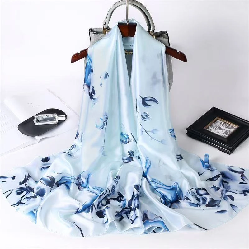 A11【爱情玫瑰】180*90蓝色时尚百搭丝巾女夏季薄款纱巾防晒披肩围