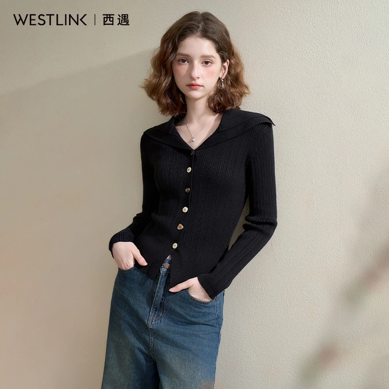 1142西遇气质V领单排扣针织衫女2025秋季百搭翻领显瘦短款上衣