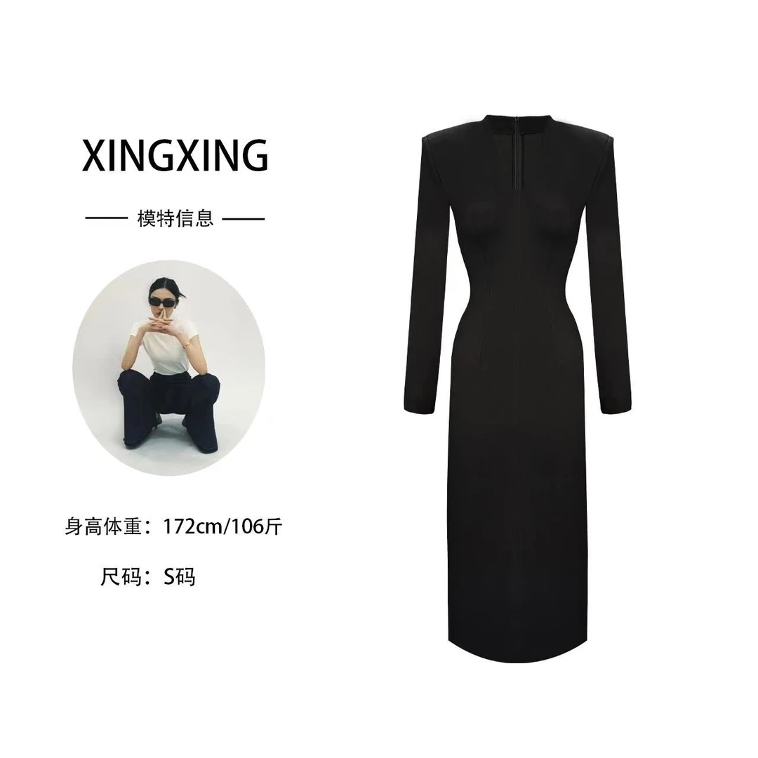 XINGXING 静奢时光 秋季黑色修身显瘦气质长袖轻奢收腰设计连衣裙