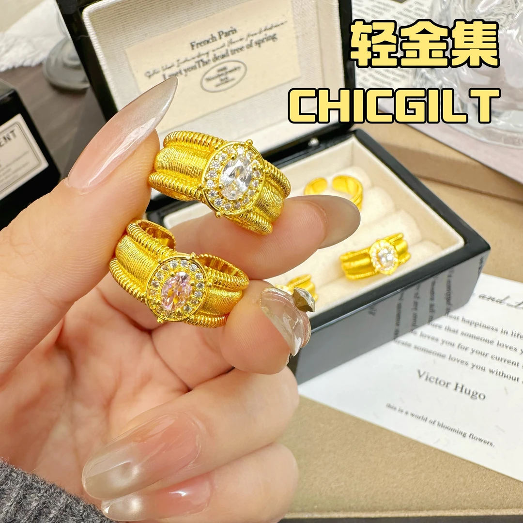 铜合金锆石戒指 复古点钻轻奢宫廷风中古拉丝【鸽子蛋戒指】指环女