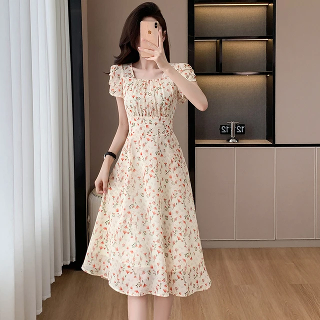 韩国chic法式温柔风碎花甜美方领田园度假收腰短袖雪纺连衣裙女夏