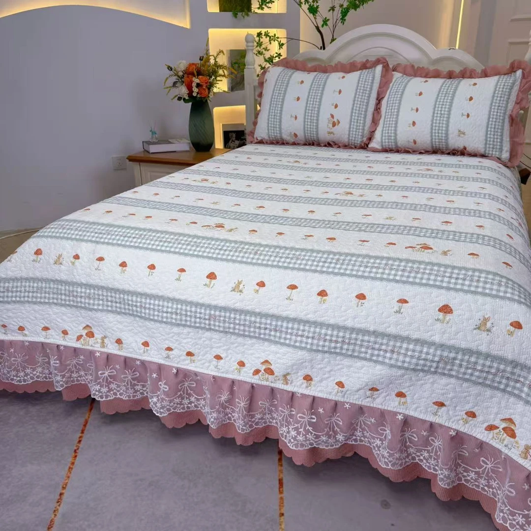 ◇春夏新品【小蘑菇】四季床盖泡芙棉双层纱蕾丝床裙可机洗床品Q