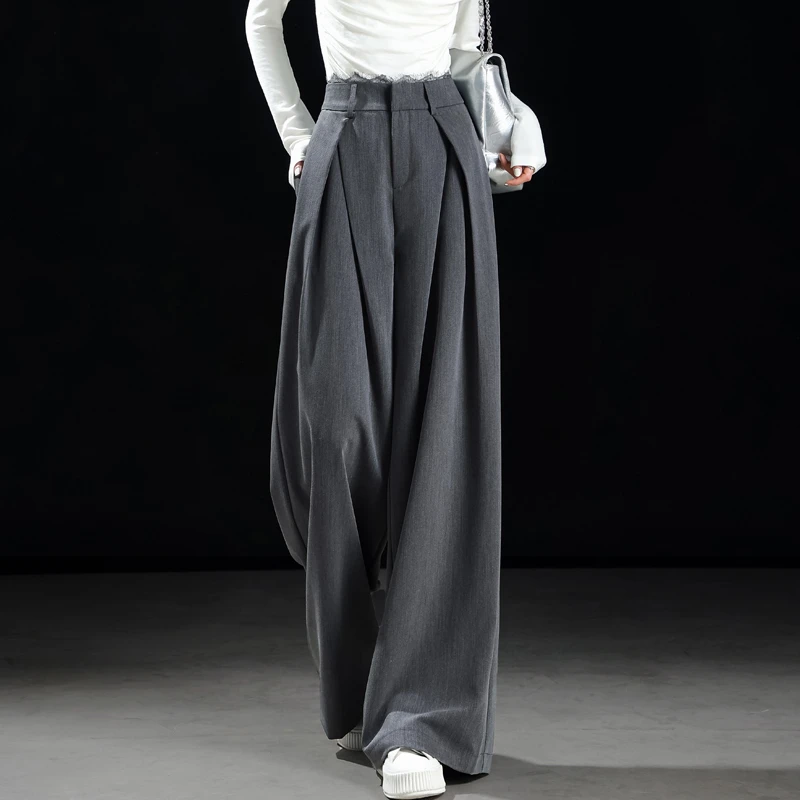 秋季裤子2025新款今年流行爆款高腰阔腿裤女灰色天丝西装裤直筒裤